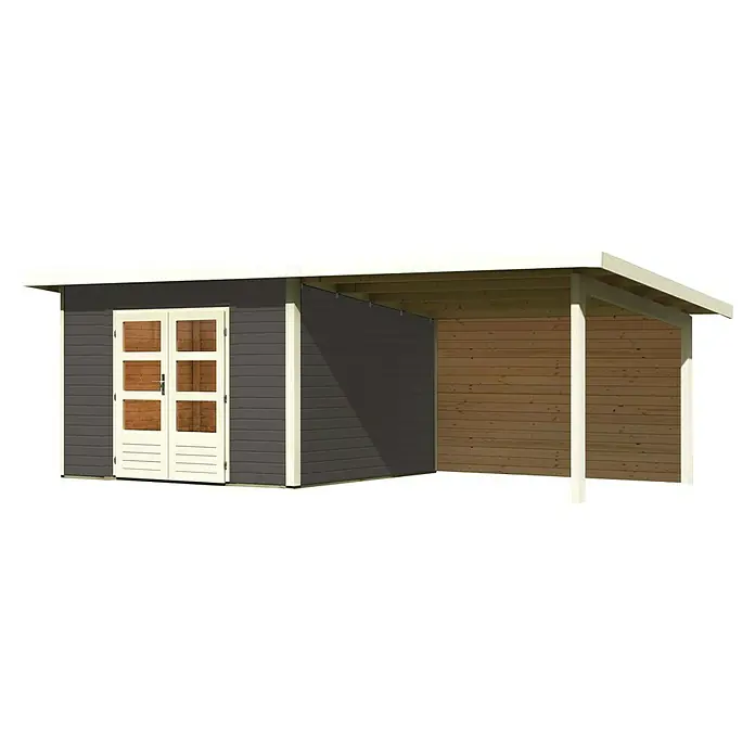 Karibu Gartenhaus Northeim 3 - Außenmaß inkl. Dachüberstand (B x T): 664 x 331,5 cm, Holz, Terragrau, Mit Seitendach und Rückwand - Eine Außenansicht eines grauen Gartenhauses mit weißen Zierleisten und einer überdachten Holzveranda.