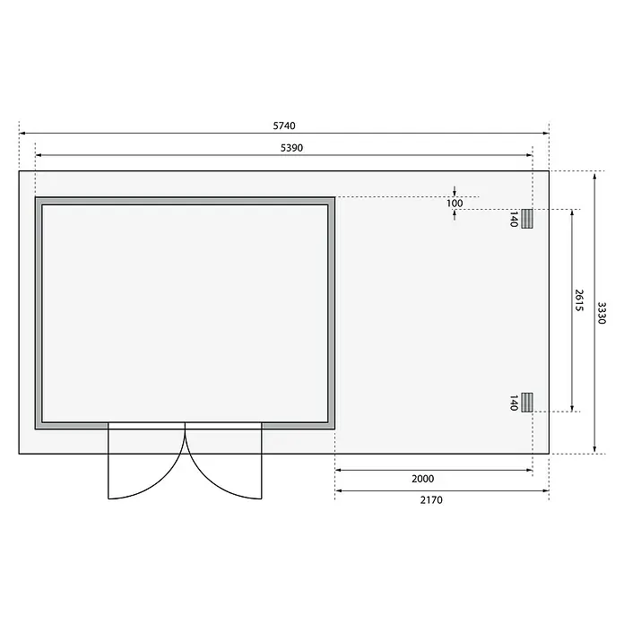 Karibu Gartenhaus Bastrup 7 - Außenmaß inkl. Dachüberstand (B x T): 574 x 333 cm, Holz, Natur, Mit Seitendach und Rückwand - Grundrisszeichnung eines Hauses mit Bemaßungen, die die Abmessungen und die Raumaufteilung detailliert darstellen.