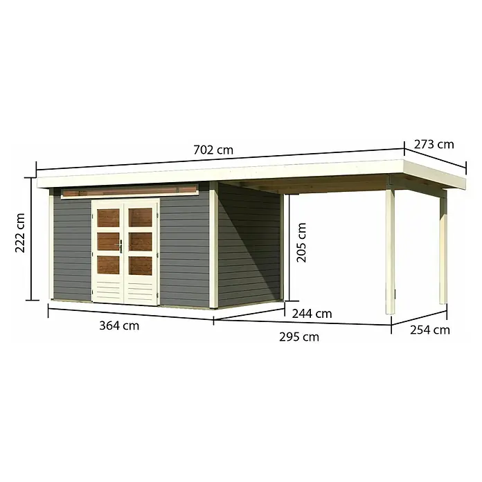 Karibu Gartenhaus Kandern 7 - Außenmaß inkl. Dachüberstand (B x T): 702 x 273 cm, Holz, Terragrau, Mit Seitendach - Abbildung eines Holzgartenhauses mit Carport und Maßangaben zur Veranschaulichung der Abmessungen und des Designs.