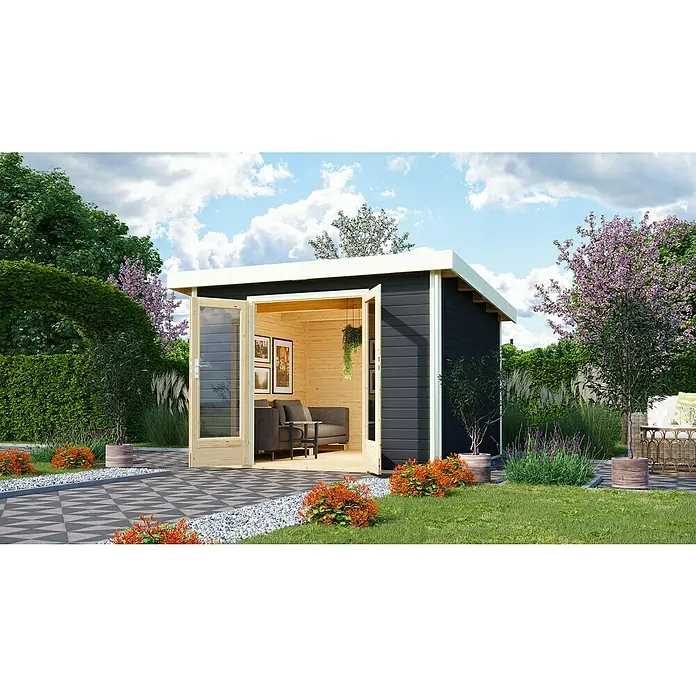 Karibu Gartenhaus Radeburg 1 - Außenmaß inkl. Dachüberstand (B x T): 346 x 331,5 cm, Holz, Terragrau - Modernes Gartenhaus mit geöffneten Türen, das einen gemütlichen Innenraum zeigt. Die Außengestaltung fügt sich nahtlos in die grüne Umgebung ein.