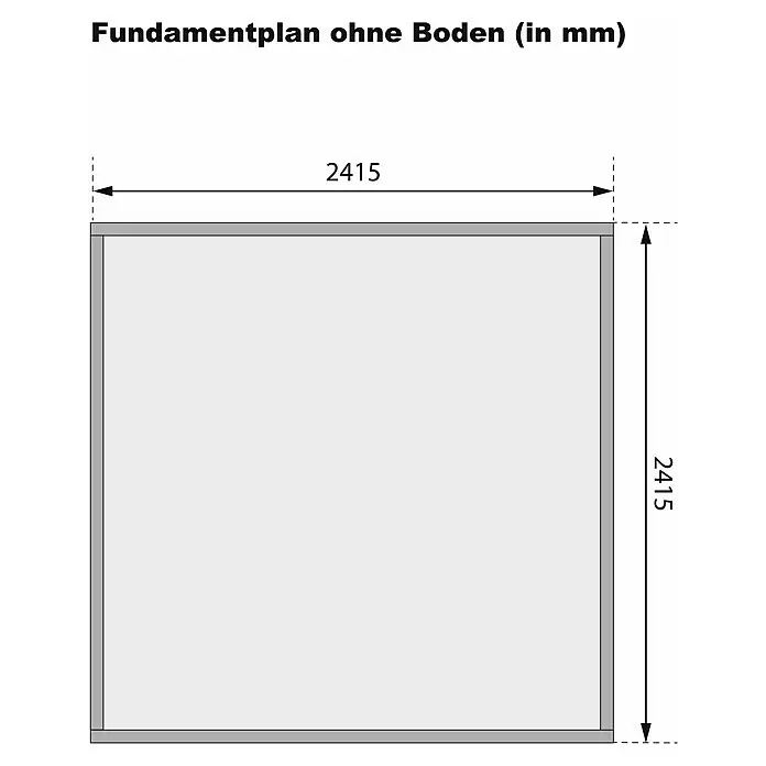 Karibu Gartenhaus Express - Außenmaß inkl. Dachüberstand (B x T): 282 x 282 cm, Holz, Naturbelassen - Fundamentplan-Diagramm mit Außenmaßen von 2415 mm mal 2415 mm.