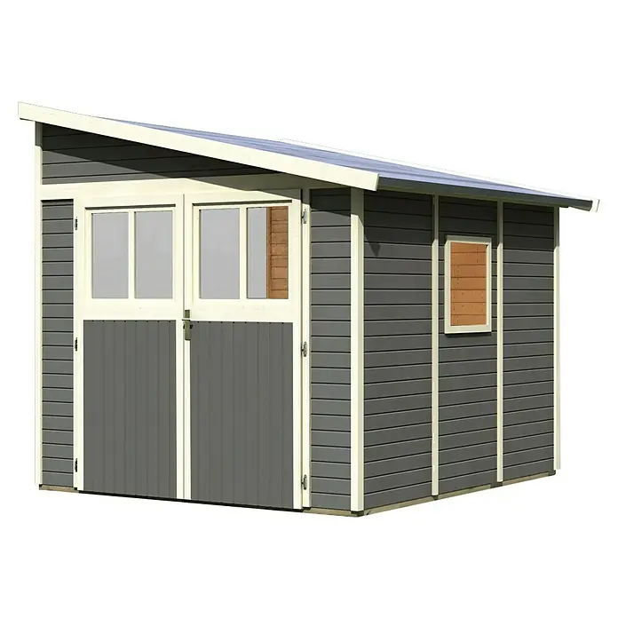 Karibu Gartenhaus Bomlitz 3 - Außenmaß inkl. Dachüberstand (B x T): 255 x 301 cm, Holz, Terragrau - Das moderne Gartenhaus in Grau mit Fenstern und Doppeltür bietet Stauraum mit Stil. Die helle Umrandung setzt Akzente.