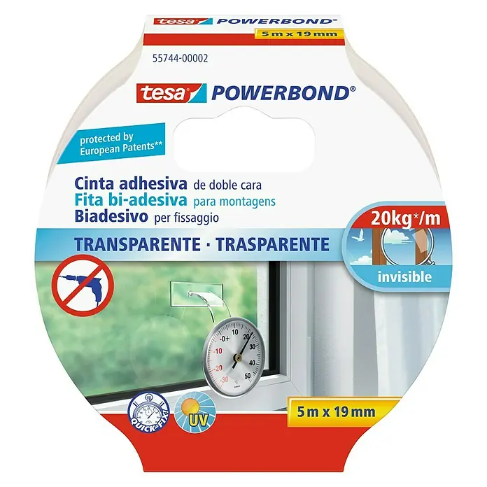 Tesa Powerbond Cinta de doble cara Transparente - 19 mm x 5 m - Cinta de doble cara transparente Tesa Powerbond, 5 m x 19 mm, invisible, ideal para montar objetos de hasta 20 kg/m.