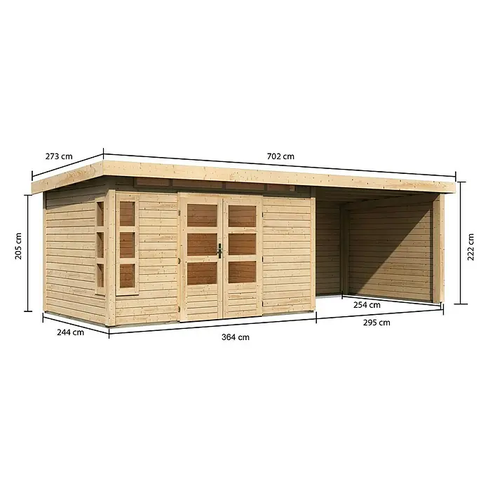 Karibu Gartenhaus Kastorf 7 - Außenmaß inkl. Dachüberstand (B x T): 702 x 273 cm, Holz, Natur, Mit Seitendach, Rück- und Seitenwand - Bild einer Holzhütte mit den Abmessungen 273 x 244 cm, 702 x 295 cm und einer Höhe von 205 bzw. 222 cm.
