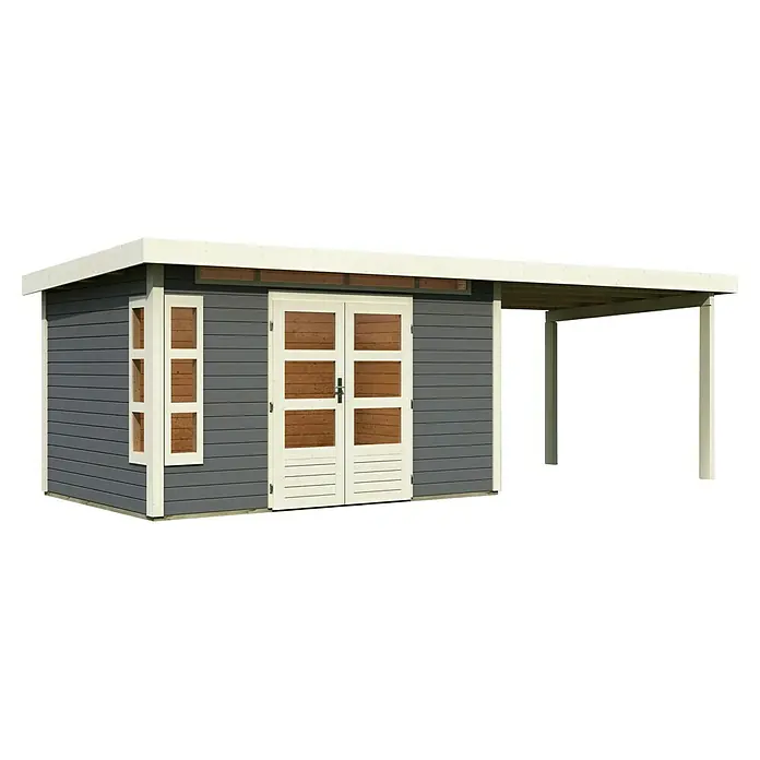 Karibu Gartenhaus Kastorf 7 - Außenmaß inkl. Dachüberstand (B x T): 702 x 273 cm, Holz, Terragrau, Mit Seitendach - Ein modernes Gartenhaus mit Flachdach und Vordach, ideal für zusätzlichen Stauraum im Außenbereich. Die graue Holzverkleidung und weißen Akzente sind stilvoll.