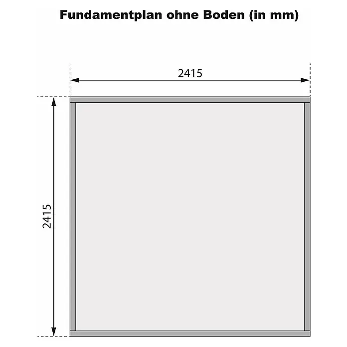 Karibu Gartenhaus Amberg 4 - Außenmaß inkl. Dachüberstand (B x T): 272 x 282 cm, Holz, Terragrau - Fundamentplan ohne Boden (in mm) mit den Maßen 2415 x 2415 mm. Er zeigt die Abmessungen und Anordnung des Fundaments.