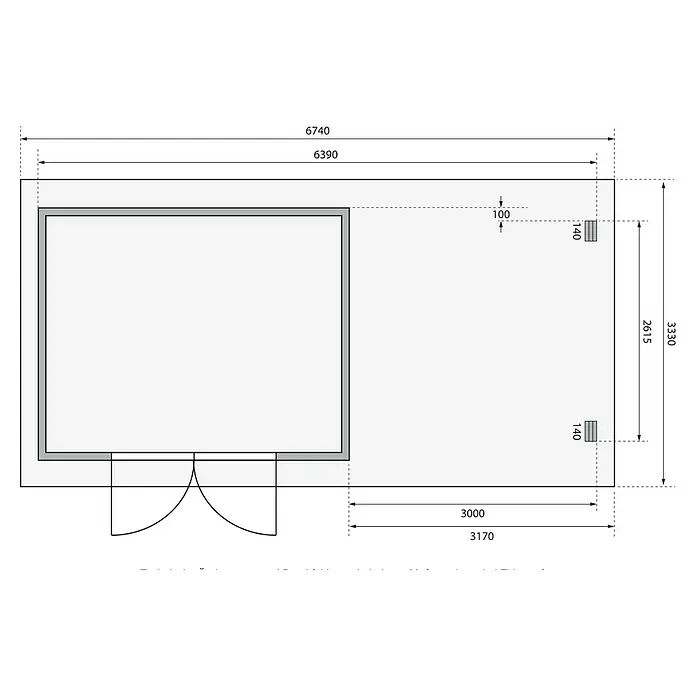 Karibu Gartenhaus Bastrup 7 - Außenmaß inkl. Dachüberstand (B x T): 674 x 333 cm, Holz, Natur, Mit Seitendach und Rückwand - Grundrisszeichnung eines Hauses mit Maßangaben. Die Abmessungen umfassen Längen und Breiten des Gebäudes.