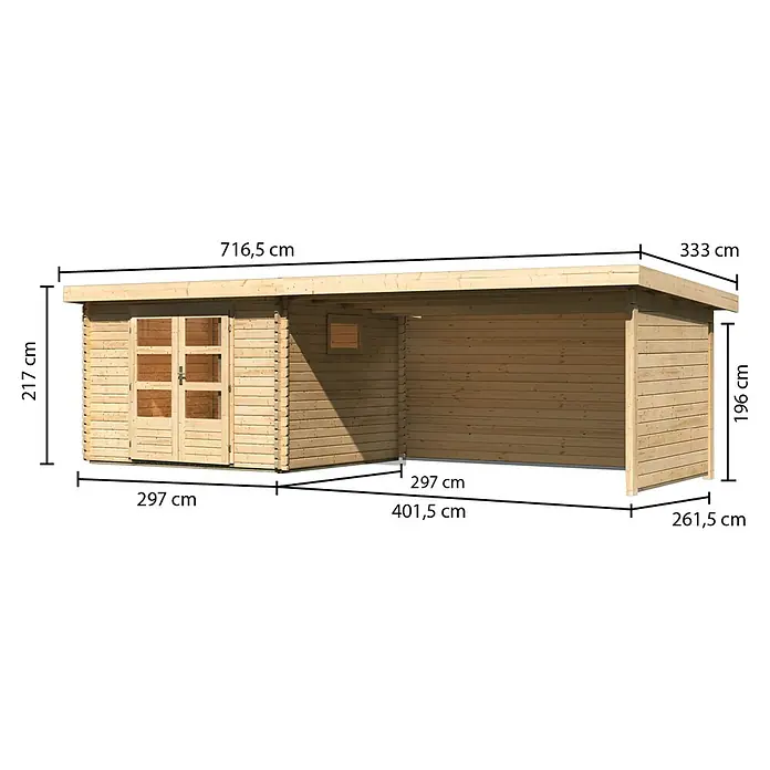 Karibu Gartenhaus - Außenmaß inkl. Dachüberstand (B x T): 716,5 x 333 cm, Holz, Natur, Mit Seitendach, Rück- & Seitenwand - Abbildung eines Holzhauses mit den entsprechenden Maßangaben.