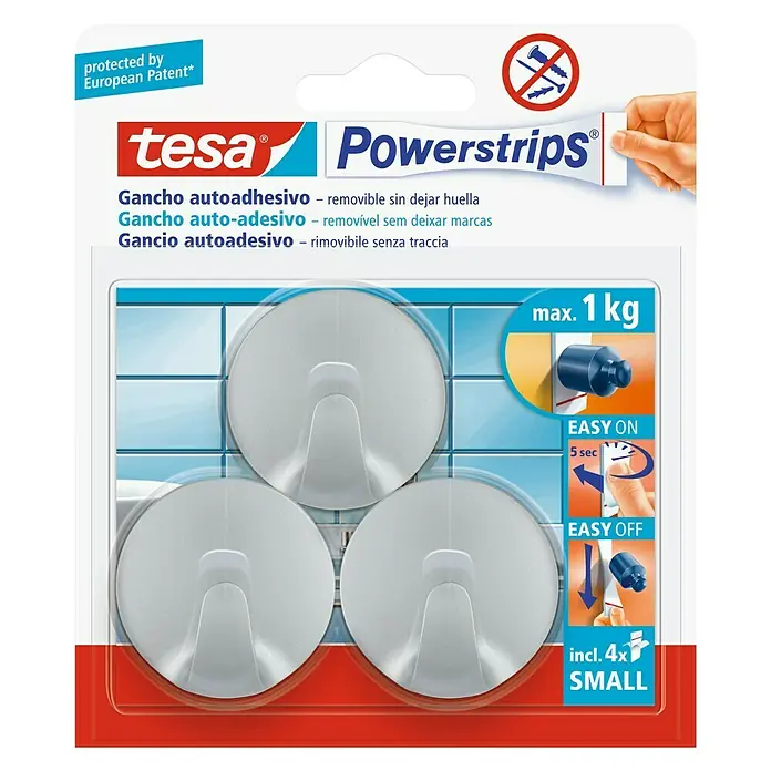 Tesa Powerstrips Gancho autoadhesivo Mini Redondo - Plateado - Ganchos Tesa Powerstrips: Ganchos autoadhesivos que soportan hasta 1 kg, fáciles de instalar y quitar sin dejar residuos, ideales para baño y cocina.