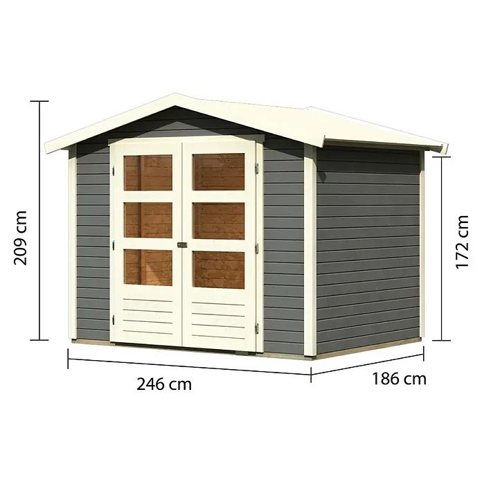 Karibu Gartenhaus Amberg 3 - Außenmaß inkl. Dachüberstand (B x T): 272 x 210 cm, Holz, Terragrau - Abbildung eines Gartenhauses mit den Maßen 246 cm Breite, 186 cm Tiefe und 209 cm Höhe, das eine praktische Lagerlösung bietet.
