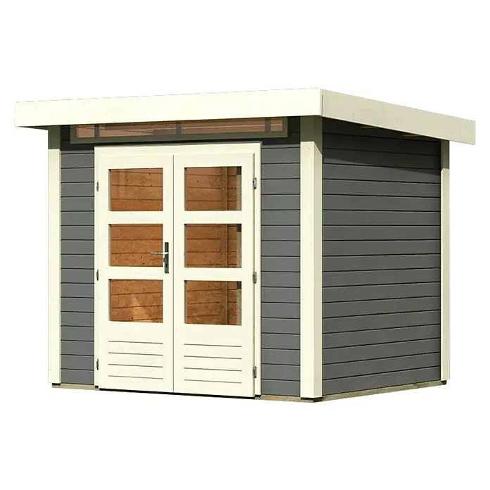 Karibu Gartenhaus Kandern 2 - Außenmaß inkl. Dachüberstand (B x T): 276 x 232 cm, Holz, Terragrau - Ein graues Gartenhaus mit weißen Akzenten und Doppeltüren. Das Holzhäuschen bietet Stauraum für Gartengeräte und -möbel.