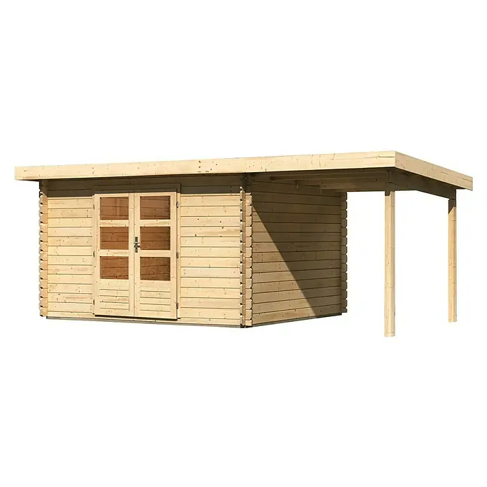 Karibu Gartenhaus Bastrup 7 - Außenmaß inkl. Dachüberstand (B x T): 574 x 333 cm, Holz, Natur, Mit Seitendach - Abbildung eines modernen Holzgartenhauses mit Vordach. Das Holzhaus hat Doppeltüren und eine schlichte, natürliche Optik.