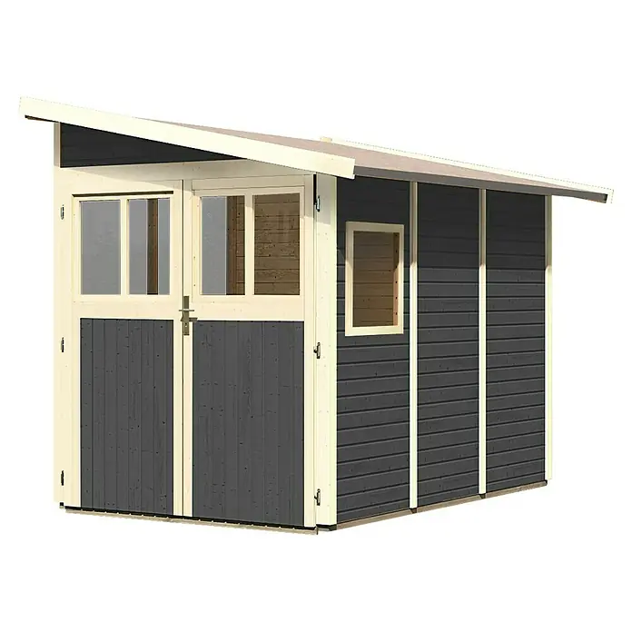 Karibu Gartenhaus Wandlitz 3 - Außenmaß inkl. Dachüberstand (B x T): 200 x 320 cm, Holz, Terragrau - Ein modernes Gartenhaus mit grauen Wänden, cremefarbenen Rahmen und einem asymmetrischen Dach. Das Haus hat Doppeltüren und ein kleines Fenster.