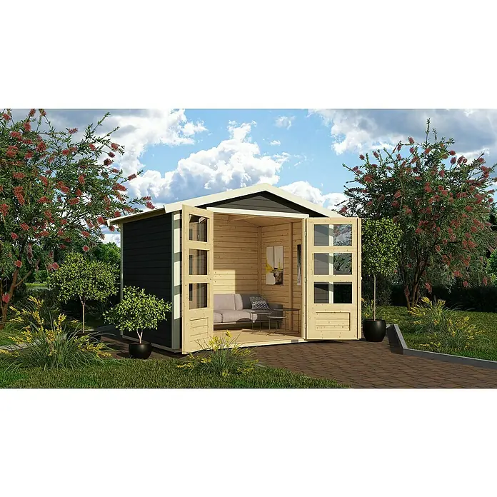 Karibu Gartenhaus Amberg 3 - Außenmaß inkl. Dachüberstand (B x T): 272 x 210 cm, Holz, Terragrau - Ein modernes Gartenhaus mit Doppeltüren. Das Holzhaus ist teilweise dunkel gestrichen und bietet einen gemütlichen Platz im Garten.