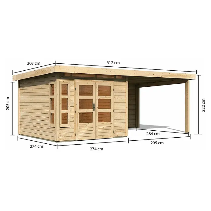Karibu Gartenhaus Kastorf 6 - Außenmaß inkl. Dachüberstand (B x T): 612 x 303 cm, Holz, Natur, Mit Seitendach und Rückwand - Ansicht eines Gartenhauses mit Carport und den entsprechenden Maßangaben in Zentimetern.
