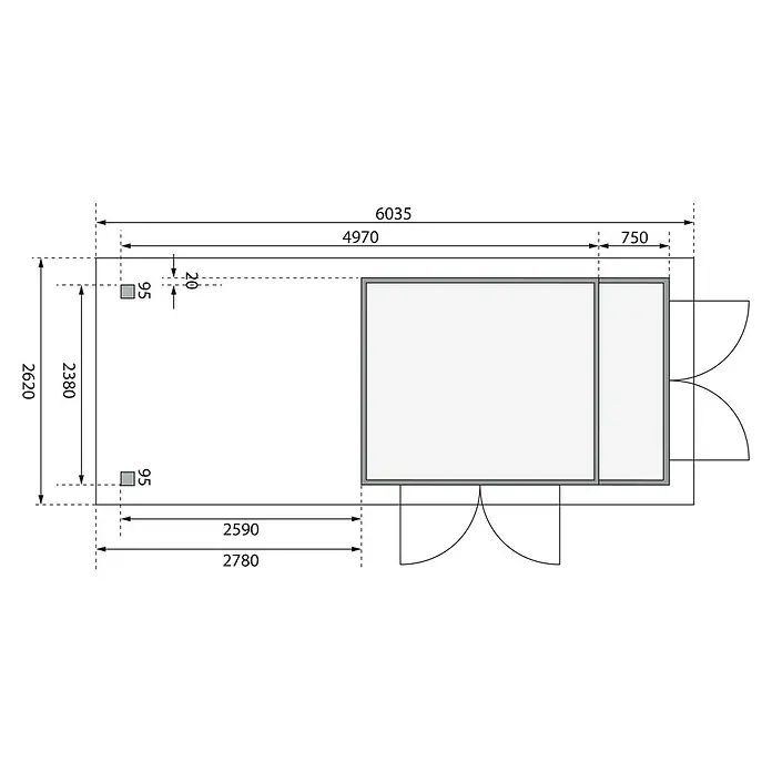 Karibu Gartenhaus Retola 4 - Außenmaß inkl. Dachüberstand (B x T): 603,5 x 262 cm, Holz, Natur - Grundrisszeichnung eines Hauses mit Bemaßungen, die die Raumaufteilung und Größenverhältnisse des Gebäudes detailliert darstellen.