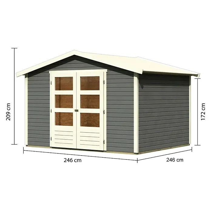 Karibu Gartenhaus Amberg 4 - Außenmaß inkl. Dachüberstand (B x T): 272 x 282 cm, Holz, Terragrau - Abbildung eines Gartenhauses mit den Maßen 246 cm x 246 cm und einer Höhe von 209 cm.