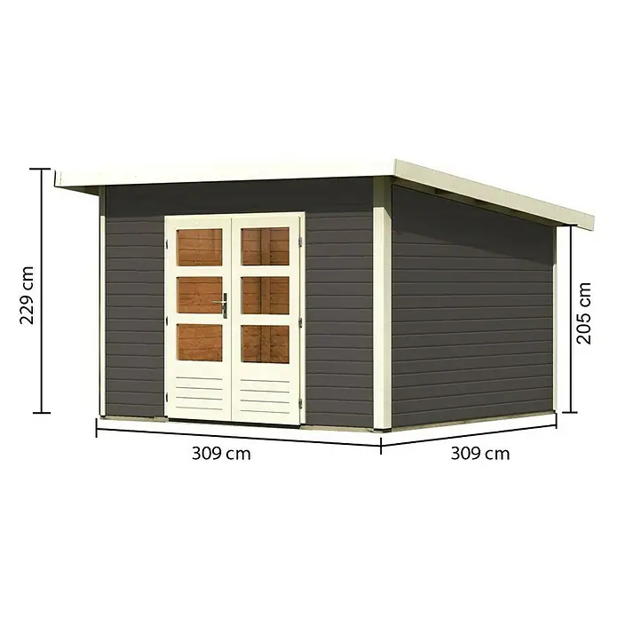 Karibu Gartenhaus Northeim 3 - Außenmaß inkl. Dachüberstand (B x T): 358 x 360 cm, Holz, Terragrau, Ohne Seitendach - Abbildung eines Gartenhauses mit den Maßen 309 x 309 x 229 cm und einer Höhe von 205 cm.