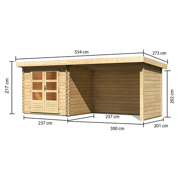 Karibu Gartenhaus Bastrup 2 - Außenmaß inkl. Dachüberstand (B x T): 554 x 273 cm, Holz, Natur, Mit Seitendach, Rück- und Seitenwand - Abmessungen des Holzschuppens mit einer Tür und einem offenen Lagerraum, inklusive Höhen-, Breiten- und Tiefenangaben.