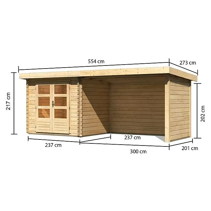 Karibu Gartenhaus Bastrup 2Außenmaß inkl. Dachüberstand (B x T): 554 x 273 cm, Holz, Natur, Mit Seitendach, Rück- und Seitenwand