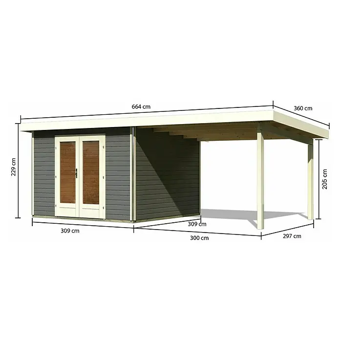 Karibu Gartenhaus Radeburg 1 - Außenmaß inkl. Dachüberstand (B x T): 664 x 331,5 cm, Holz, Terragrau, Mit Seitendach - Abbildung eines Gartenhauses mit Überdachung und Maßangaben zu Höhe, Breite und Tiefe in Zentimetern.