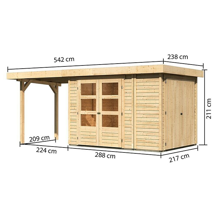 Karibu Gartenhaus Retola 2 (Außenmaß inkl. Dachüberstand (B x T): 542 x 238 cm, Holz, Natur) | BAUHAUS