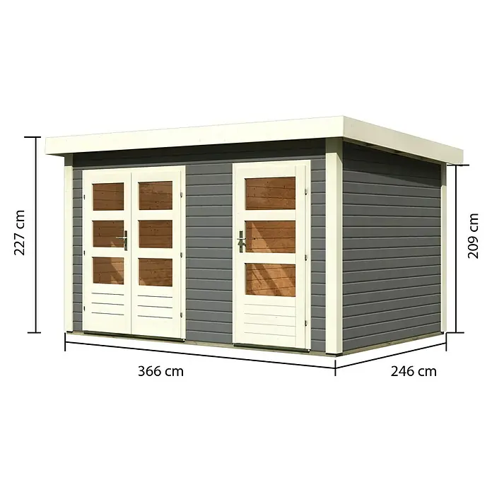 Karibu Gartenhaus Schönbuch 1 - Außenmaß inkl. Dachüberstand (B x T): 398 x 273 cm, Holz, Terragrau - Abbildung eines Gartenhauses mit den Maßen 366 cm x 246 cm und einer Höhe von 227 cm bzw. 209 cm.