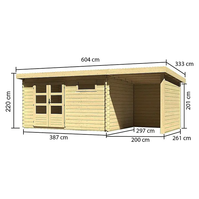 Karibu Gartenhaus Bastrup 8 - Außenmaß inkl. Dachüberstand (B x T): 604 x 333 cm, Holz, Natur, Mit Seitendach, Rück- und Seitenwand - Ansicht des Holzgartenhauses mit den Maßangaben zu seiner Höhe, Länge und Breite für eine optimale Gartenplanung.