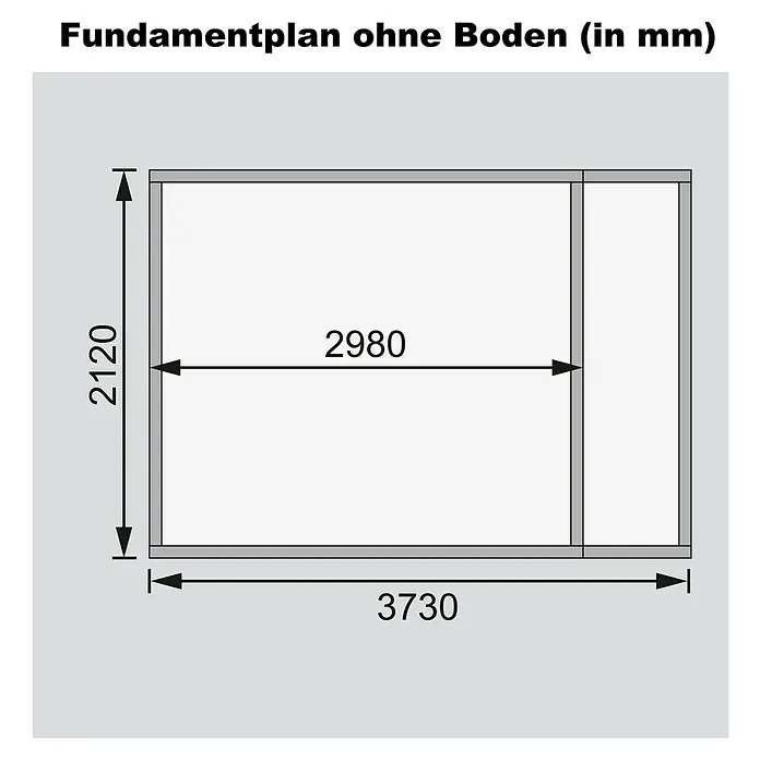 Karibu Gartenhaus Retola 5 - Außenmaß inkl. Dachüberstand (B x T): 404 x 238 cm, Holz, Natur - Grundriss ohne Boden mit den Maßen 2120 mm x 3730 mm, Hauptbereich 2980 mm. Ideal für Bauplanung und Designprojekte.