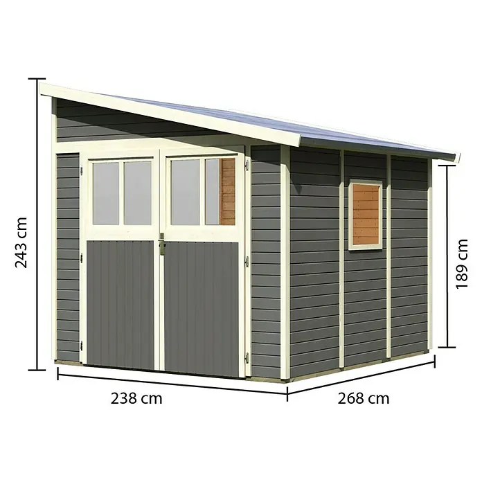 Karibu Gartenhaus Bomlitz 3 - Außenmaß inkl. Dachüberstand (B x T): 255 x 301 cm, Holz, Terragrau - Abbildung eines Gartenhauses mit den Maßen 238 x 268 cm und einer Höhe von 243 cm.