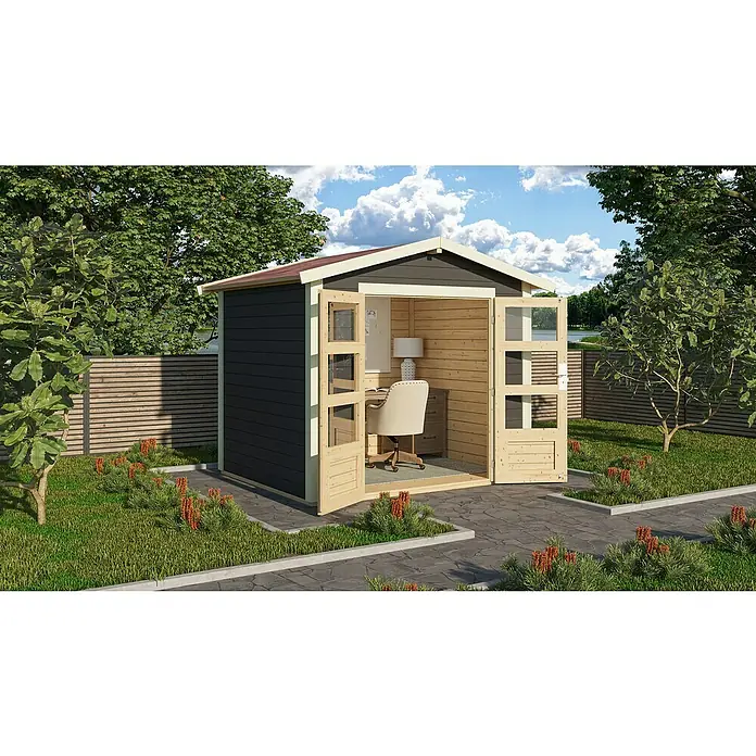 Karibu Gartenhaus Talkau 3 - Außenmaß inkl. Dachüberstand (B x T): 270 x 234 cm, Holz, Terragrau - Ein modernes Gartenbüro aus Holz mit geöffneten Doppeltüren, ideal für Homeoffice im Grünen. Stilvolles Design mit viel Tageslicht für produktives Arbeiten.