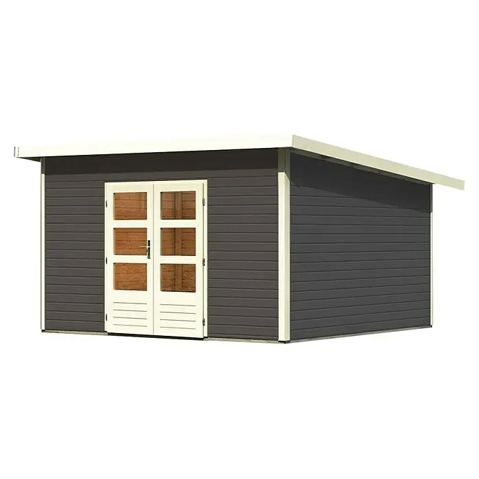 Karibu Gartenhaus Northeim 5 - Außenmaß inkl. Dachüberstand (B x T): 406 x 393 cm, Holz, Terragrau - Abbildung eines modernen Gartenhauses mit Doppeltür und schlichtem Design, ideal für die Gartenaufbewahrung.