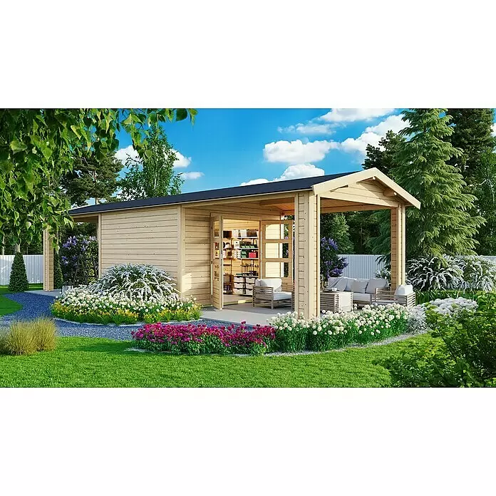 Karibu Gartenhaus Theres - Außenmaß inkl. Dachüberstand (B x T): 947 x 348 cm, Holz, Natur - Heller Holz-Gartenschuppen mit angebautem offenem Lounge-Bereich. Bietet Stauraum und Sitzgelegenheiten im Freien.