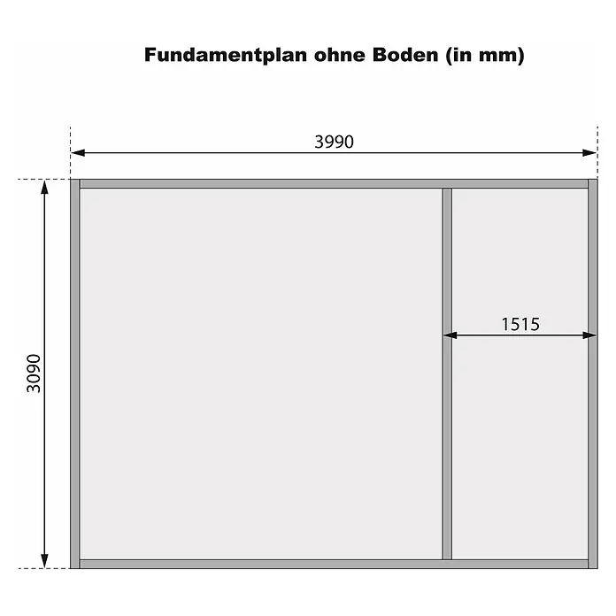 Karibu Gartenhaus Lagor - Außenmaß inkl. Dachüberstand (B x T): 468 x 390 cm, Holz, Natur - Grundriss ohne Boden mit Maßangaben in Millimetern: 3990 x 3090 mm Außenmaße, Innenraum mit Teilbereich 1515 mm.