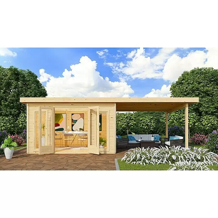 Karibu Gartenhaus Radeburg 3 - Außenmaß inkl. Dachüberstand (B x T): 724 x 393 cm, Holz, Natur, Mit Seitendach - Gartenschuppen aus Holz mit geöffneten Türen, der einen Essbereich zeigt, und einer angebauten Pergola mit Lounge-Bereich.