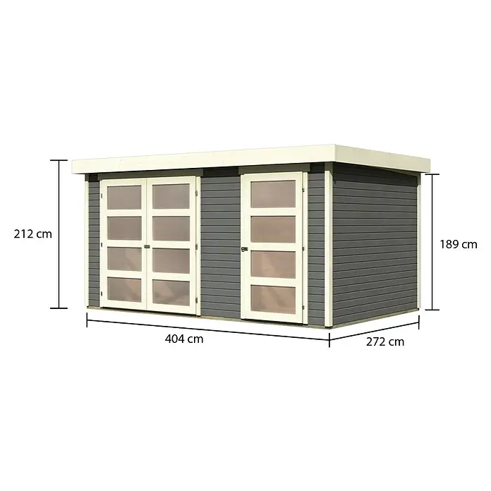 Karibu Gartenhaus Mühlentrup 2 - Außenmaß inkl. Dachüberstand (B x T): 428 x 310 cm, Holz, Terragrau - Abbildung eines Holzschuppens mit den Maßen 404 cm breit, 272 cm tief und 212 cm hoch mit Doppeltür und Einzeltür.