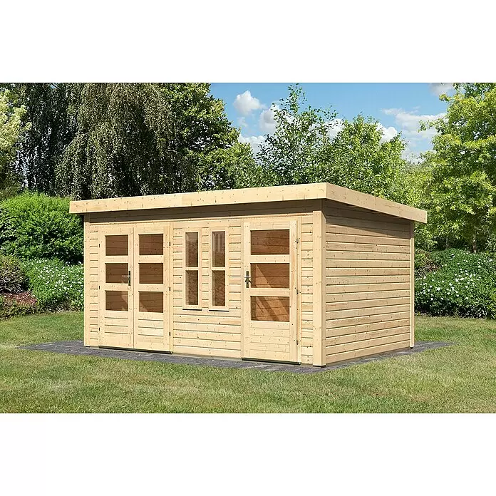 Karibu Gartenhaus Schönbuch 2 - Außenmaß inkl. Dachüberstand (B x T): 458 x 302 cm, Holz, Natur - Helles Gartenhaus aus Holz mit Doppeltüren und Fenstern auf dunklem Pflaster.