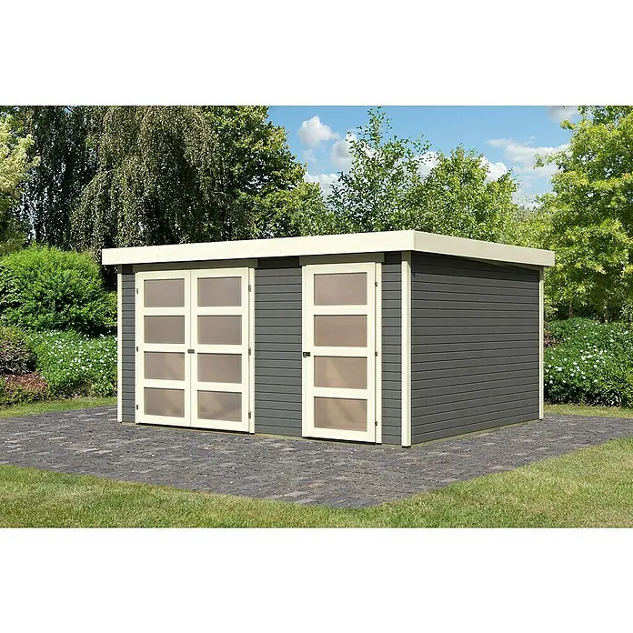 Karibu Gartenhaus Mühlentrup 3 - Außenmaß inkl. Dachüberstand (B x T): 428 x 351,5 cm, Holz, Terragrau - Modernes Gartenhaus mit Doppeltür und Einzeltür. Das Haus hat ein Flachdach und eine graue Holzverkleidung.