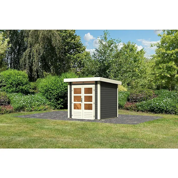Karibu Gartenhaus Kandern 1 - Außenmaß inkl. Dachüberstand (B x T): 236 x 232 cm, Holz, Terragrau - Gartenschuppen mit Doppeltür.