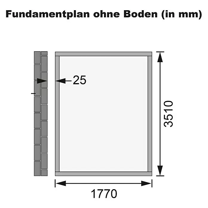 Karibu Gartenhaus Wandlitz 4 - Außenmaß inkl. Dachüberstand (B x T): 200 x 408 cm, Holz, Terragrau - Rechteckiger Fundamentplan ohne Boden, mit Abmessungen 1770x3510 mm und einem 25mm Versatz.