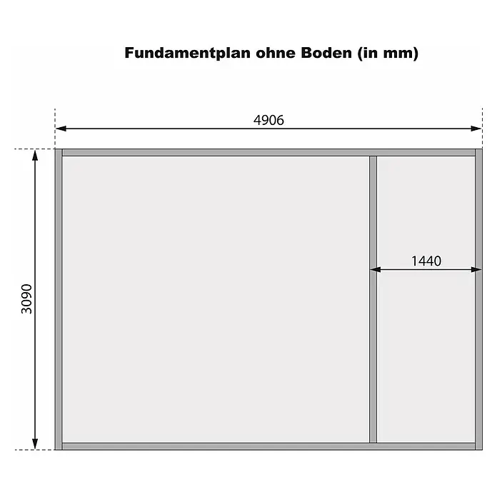 Karibu Gartenhaus Lagor - Außenmaß inkl. Dachüberstand (B x T): 526 x 390 cm, Holz, Natur - Foundation plan with dimensions: width 4906 mm, height 3090 mm, and a partial width of 1440 mm, all without floor.