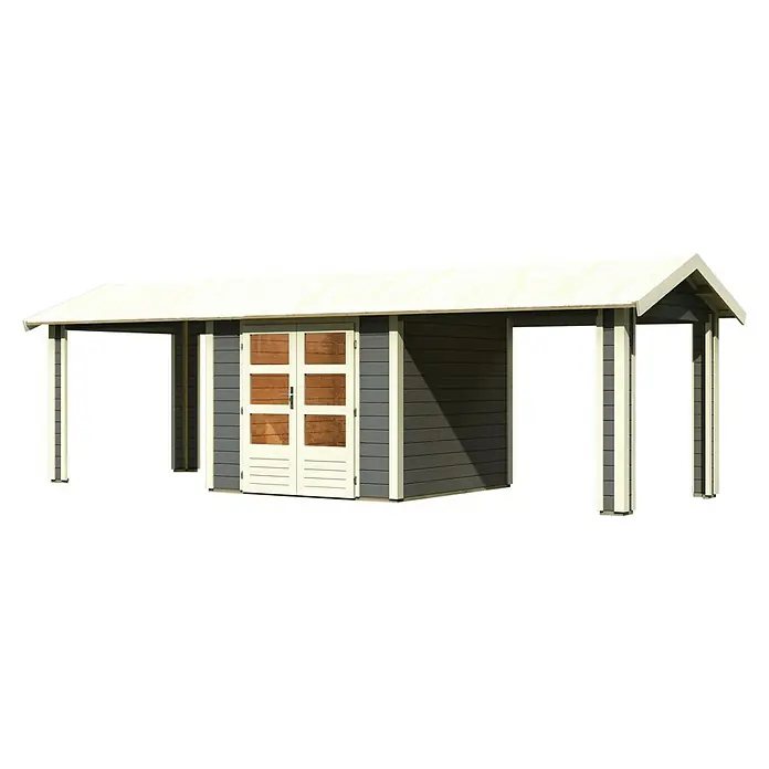Karibu Gartenhaus Theres - Außenmaß inkl. Dachüberstand (B x T): 767 x 288 cm, Holz, Terragrau - Ein graues Gartenhaus mit einem hellen Dach und einer Veranda auf beiden Seiten. Das Gartenhaus hat doppelte Türen mit Fenster.