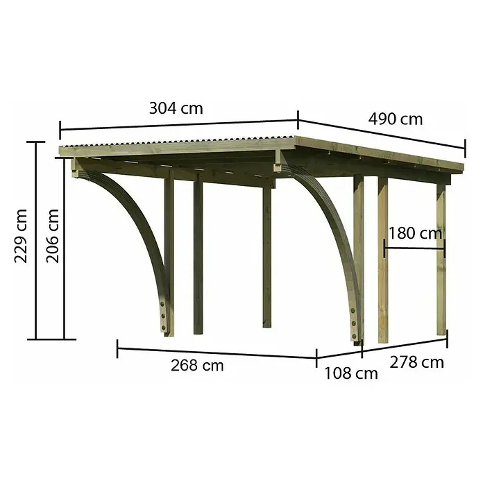 Karibu Carport Eco 1Außenmaß inkl. Dachüberstand (B x T): 3,04 x 4,9 m, Einzelcarport, Naturbelassen, Mit 2 Einfahrtsbögen