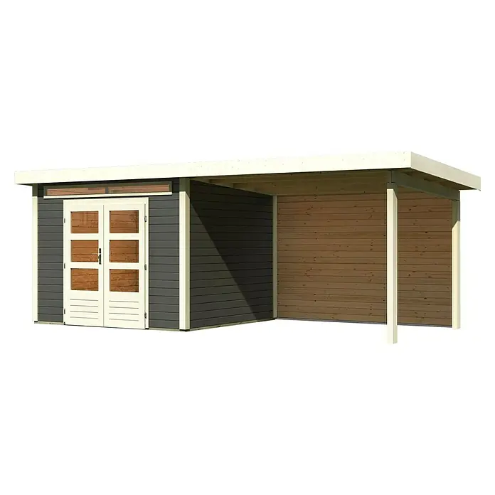 Karibu Gartenhaus Kandern 6 - Außenmaß inkl. Dachüberstand (B x T): 612 x 303 cm, Holz, Terragrau, Mit Seitendach und Rückwand - Modernes Gartenhaus mit seitlichem Anbau und Doppeltür. Die Holzkonstruktion bietet zusätzlichen Stauraum im Freien.
