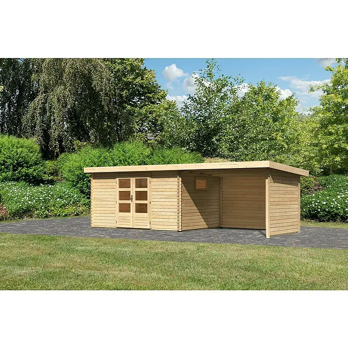 Karibu Gartenhaus Trittau 5 - Außenmaß inkl. Dachüberstand (B x T): 706 x 333 cm, Holz, Natur, Mit Seitendach, Rück- & Seitenwand - Abbildung eines Holzgartenhauses mit Doppeltür und kleinem Fenster in einer grünen Gartenumgebung.