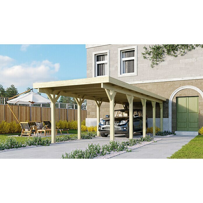 Karibu Carport Classic 3 (Außenmaß inkl. Dachüberstand (B x T): 3,18 x 8,6 m, Einzelcarport, Naturbelassen, Farbe Dach: Rot/ Grau, Ohne Einfahrtsbogen) | BAUHAUS