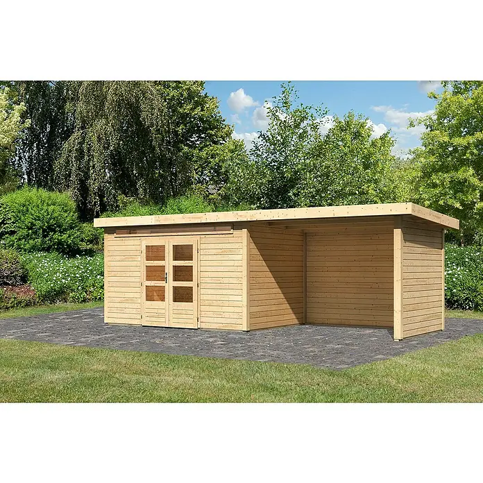 Karibu Gartenhaus Kandern 7 - Außenmaß inkl. Dachüberstand (B x T): 702 x 273 cm, Holz, Natur, Mit Seitendach, Rück- und Seitenwand - Eine moderne, hellbraune Holzgartenlaube mit Doppeltür und offenem Seitenbereich auf einem gepflasterten Untergrund.