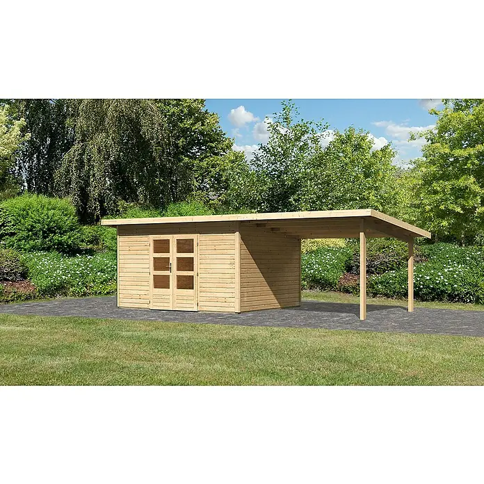 Karibu Gartenhaus Northeim 4 - Außenmaß inkl. Dachüberstand (B x T): 724 x 331,5 cm, Holz, Natur, Mit Seitendach - Holzgartenhaus mit Carport-Anbau. Das Gartenhaus bietet zusätzlichen Stauraum und der Unterstand schützt Ihr Fahrzeug vor Wettereinflüssen.