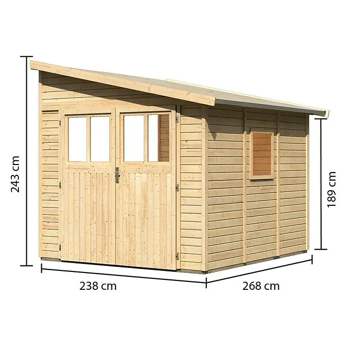 Karibu Gartenhaus Bomlitz 3 - Außenmaß inkl. Dachüberstand (B x T): 255 x 301 cm, Holz, Natur - Abbildung eines Holzschuppens mit den Maßen 238 cm x 268 cm und einer Höhe von 243 cm bzw. 189 cm.
