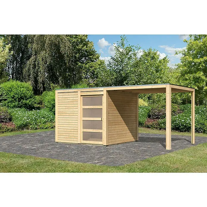 Karibu Gartenhaus Qubic 1Außenmaß inkl. Dachüberstand (B x T): 485 x 246 cm, Holz, Natur, Mit Seitendach - Holzschuppen mit Überdachung im Garten. Der Schuppen hat eine Tür mit Glaseinsätzen und bietet zusätzlichen überdachten Raum.